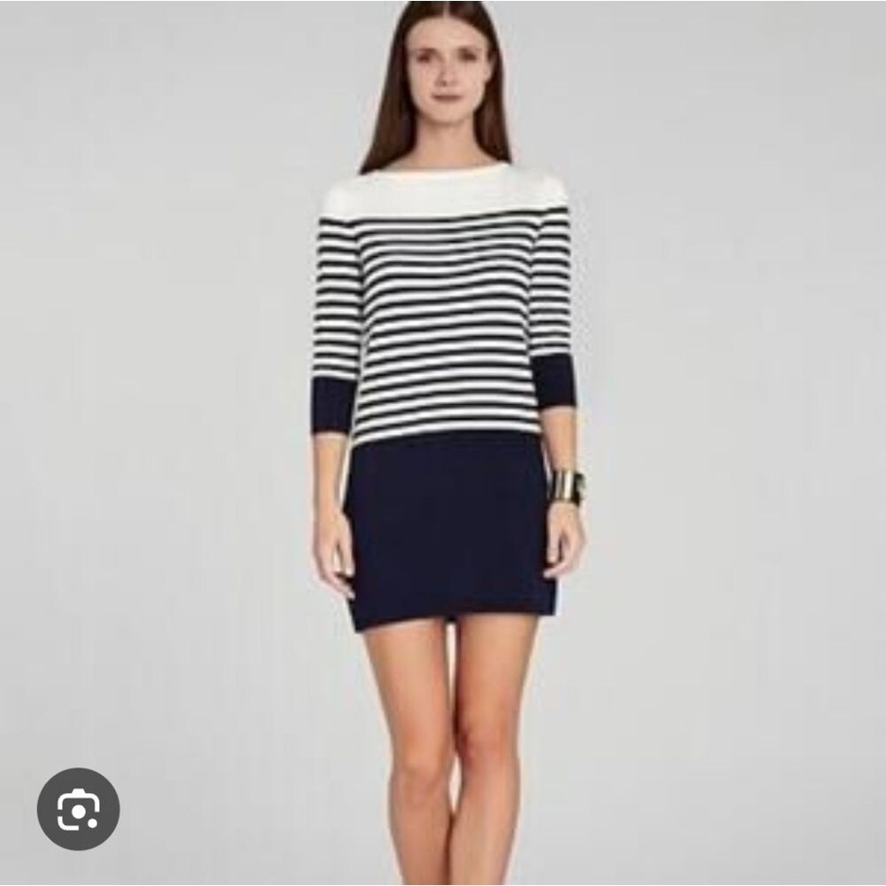BCBGMaxAzria Ethel Striped Color Blocked Sweater White and Navy Dress Size S NWT